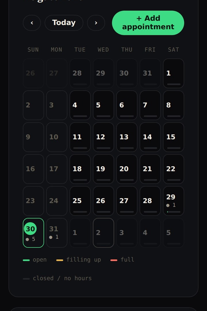 The month calendar with bookings