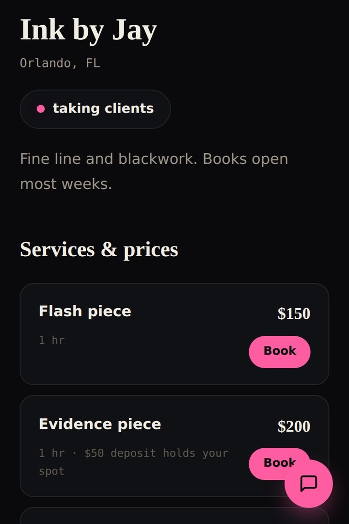 An artist's booking page with prices and Book buttons